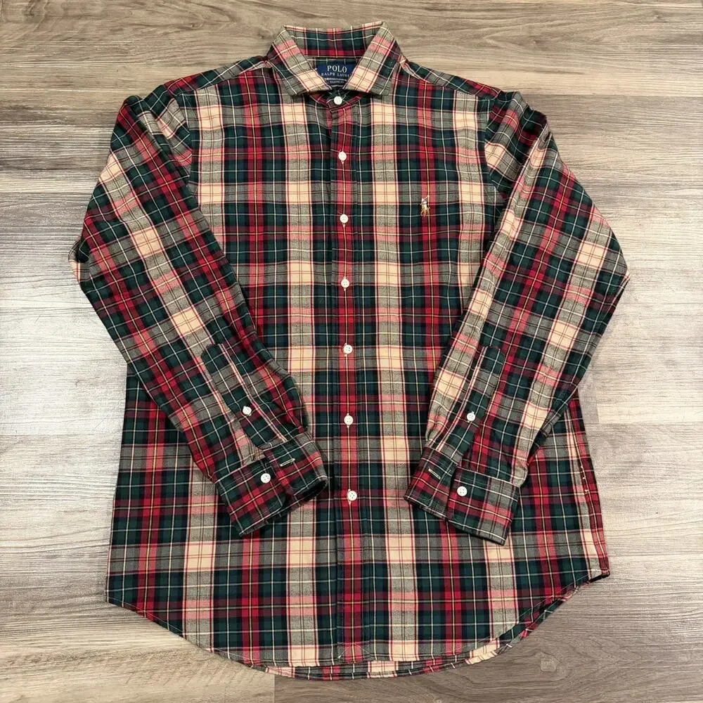 Polo Ralph Lauren Big Shirt Oxford Medium Tan Red Plaid Button Down Long Sleeve